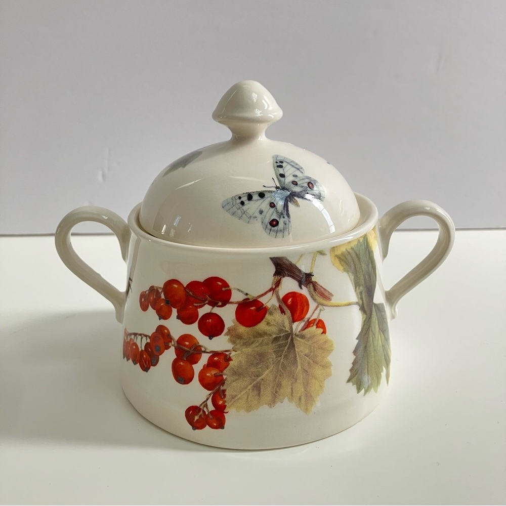 Spode Sugar Bowl With Lid Fruit Haven 2005 White Ceramic Jar Berries Butterfly